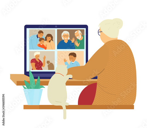 Family videoconference. Online communication. Old lady in front of computer screen with family members on it. Grandparents, grandchildren, parents. Flat vector illustration.