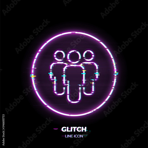 Teamwork line art vector icon. Outline symbol of group of people. Team pictogram made of thin stroke. Glitched 80s cyber punk style.