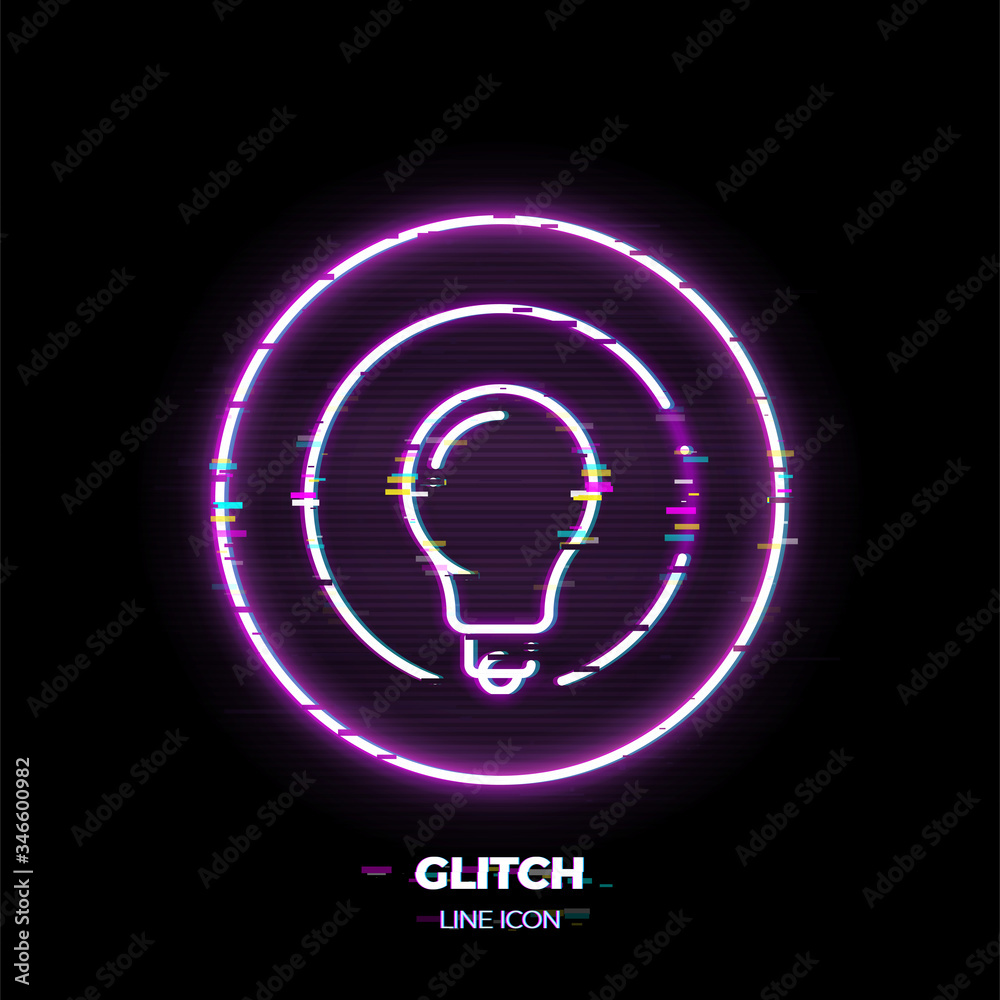 Lightbulb line art vector icon. Outline symbol of lamp. Creative idea pictogram made of thin stroke. Glitched 80s cyber punk style. Lightbulb line art vector icon. Outline symbol of lamp. Creative idea pictogram made of thin stroke. Glitched 80s cyber punk style.