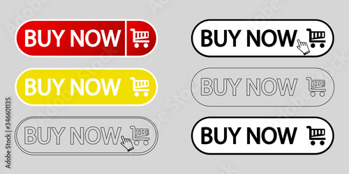 Buy now web buttons. Set of vector modern trendy flat buttons. Trendy colors buy now. Set of Buy now internet icons. Red, yellow, white and outline buy now buttons