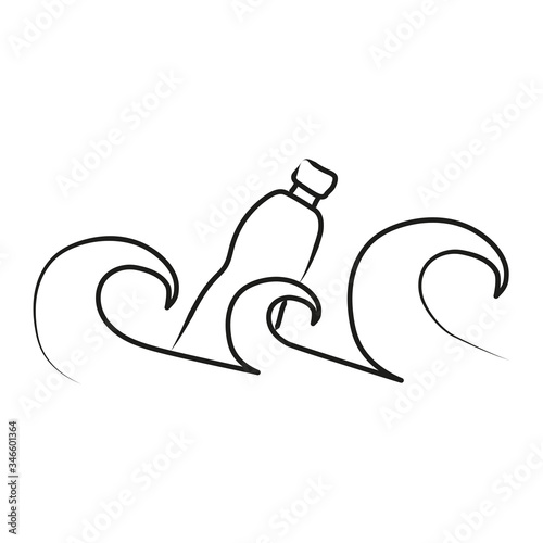 Illustration of a plastic bottle floating in water. Vector icons isolated on white background. Doodle style outline.