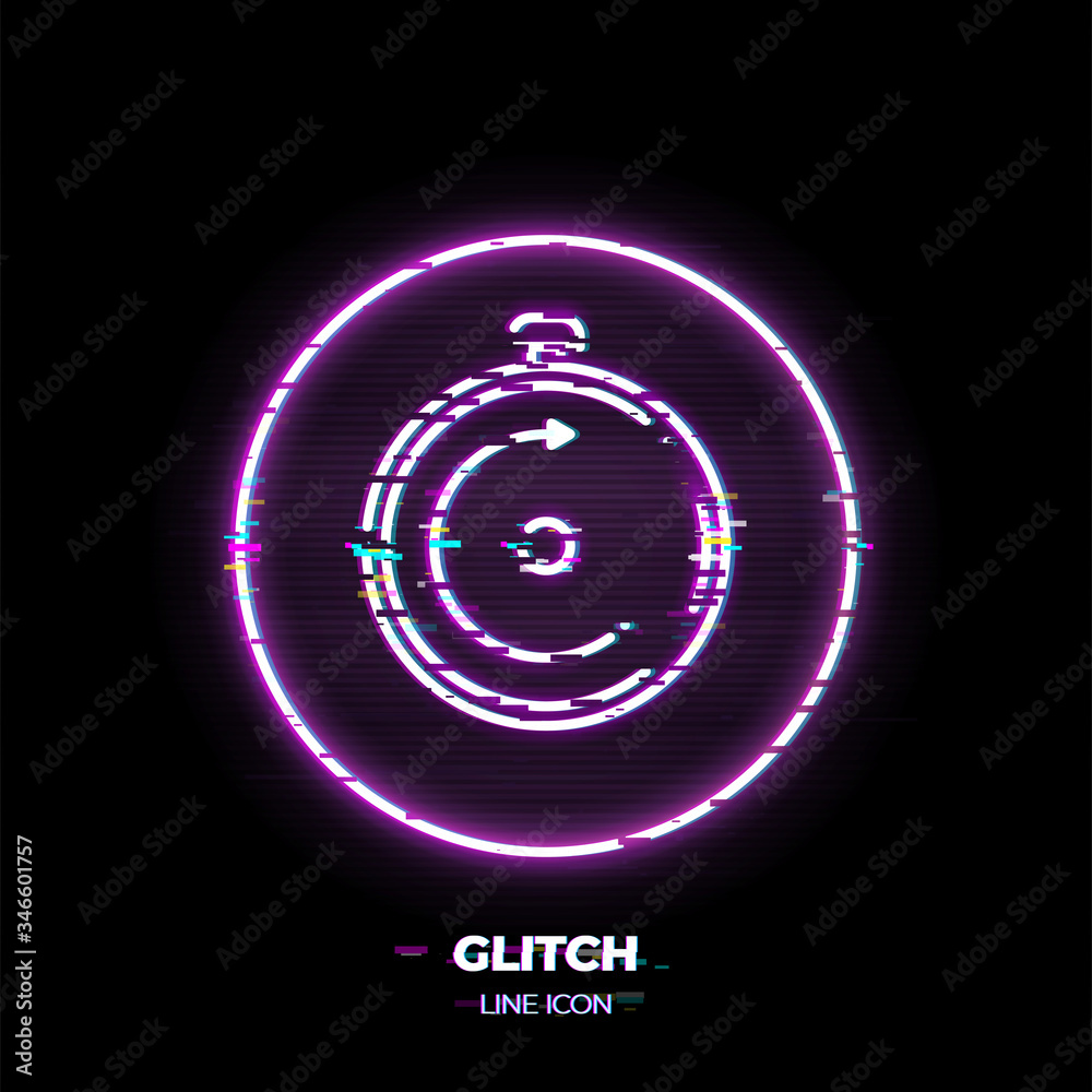 Stop clock line art vector icon. Outline symbol of time chronometer. Stopwatch pictogram made of thin stroke. Glitched 80s cyber punk style. Stop clock line art vector icon. Outline symbol of time chronometer. Stopwatch pictogram made of thin stroke. Glitched 80s cyber punk style.