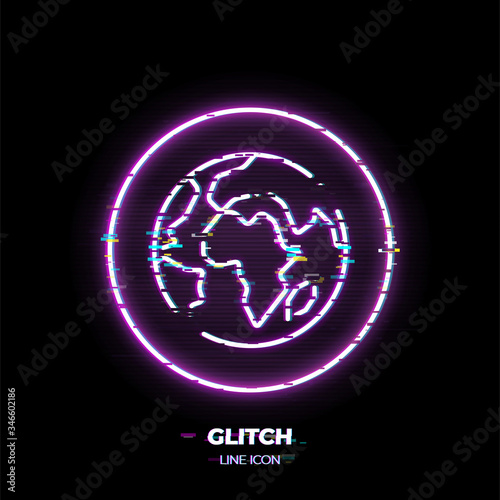 Globe line art vector icon. Outline symbol of world. Planet Earth pictogram made of thin stroke. Glitched 80s cyber punk style.
