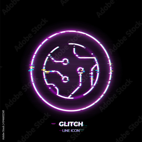 Motherboard line art vector icon. Outline symbol of microchip technology. Computer board pictogram made of thin stroke. Glitched 80s cyber punk style.