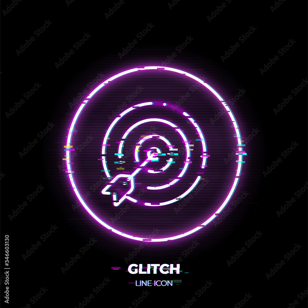 Goal line art vector icon. Outline symbol of dartboard. Success strategy pictogram made of thin stroke. Glitched 80s cyber punk style. Goal line art vector icon. Outline symbol of dartboard. Success strategy pictogram made of thin stroke. Glitched 80s cyber punk style.