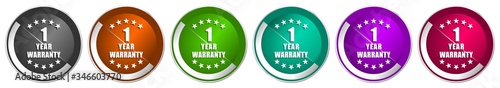 Warranty guarantee 1 year icon set, silver metallic chrome border vector web buttons in 6 colors options for webdesign