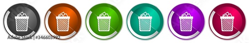 Trash, can icon set, silver metallic chrome border vector web buttons in 6 colors options for webdesign