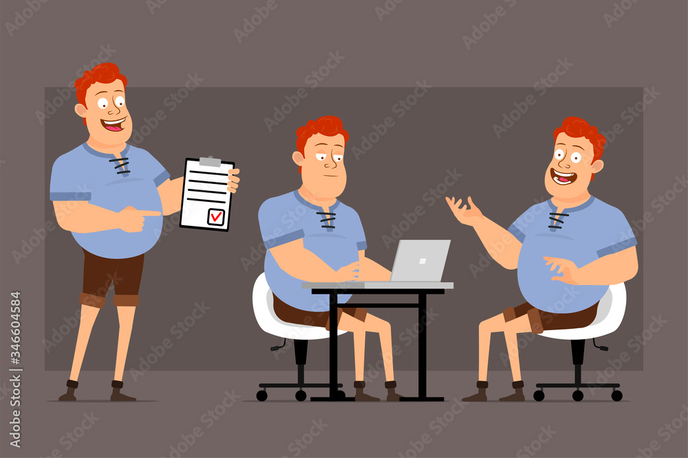 Cartoon flat funny cute redhead fat boy character in blue shirt. Ready ...