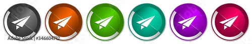 Paper plane icon set, fly, flight, airplane silver metallic chrome border vector web buttons in 6 colors options for webdesign