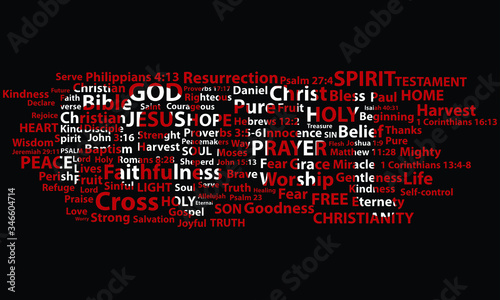 Word faith highlighted in white written with christian words on black background. Christian background photo