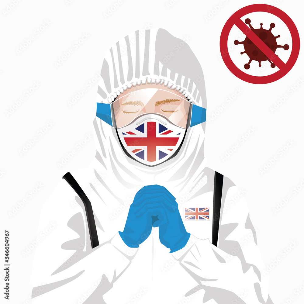 Covid-19 or Coronavirus concept. British medical staff wearing mask in protective clothing and praying for against Covid-19 virus outbreak in United Kingdom. British man and UK flag. Epidemic corona Covid-19 or Coronavirus concept. British medical staff wearing mask in protective clothing and praying for against Covid-19 virus outbreak in United Kingdom. British man and UK flag. Epidemic corona