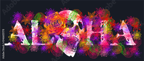Aloha Skull and flowers print embroidery graphic design vector art photo