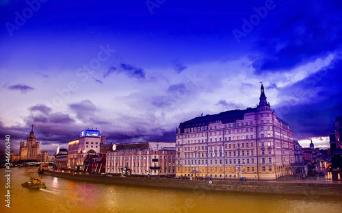 Foto Moscow eMBANKMENT  including Hotel  and  boat . Filtered