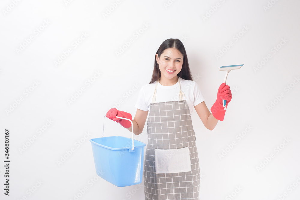 Beautiful woman housekeeper portrait on white background Beautiful woman housekeeper portrait on white background
