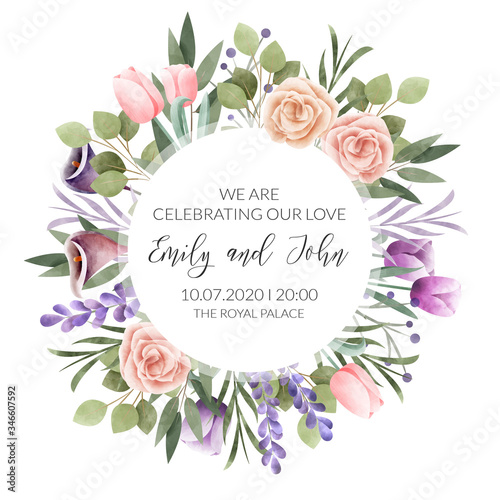 Watercolor floral frame. Wedding invitation card.