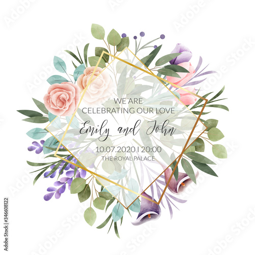 Watercolor floral frame. Wedding invitation card.