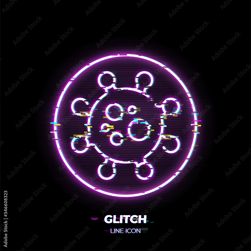 Virus cell line art vector icon. Outline symbol of microbe. Infection pictogram made of thin stroke. Glitched 80s cyber punk style. Virus cell line art vector icon. Outline symbol of microbe. Infection pictogram made of thin stroke. Glitched 80s cyber punk style.