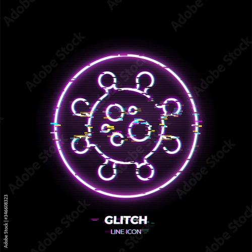Virus cell line art vector icon. Outline symbol of microbe. Infection pictogram made of thin stroke. Glitched 80s cyber punk style.