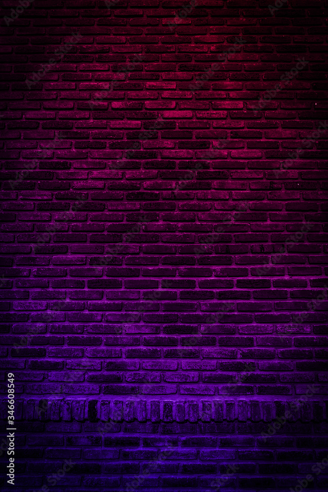 Neon light on brick walls that are not plastered background and texture. Lighting effect red and blue neon background vertical of empty brick basement wall. - obrazy, fototapety, plakaty 