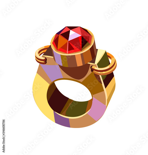 Gold ring with a red ruby in the steampunk style. Vector illustration. Isolated