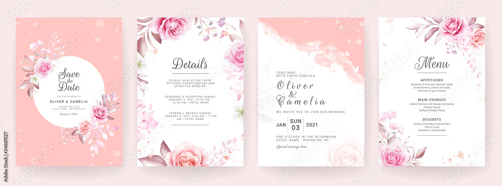 Wedding invitation card template set with watercolor and floral decoration. Flowers background for save the date, greeting, rsvp, thank you