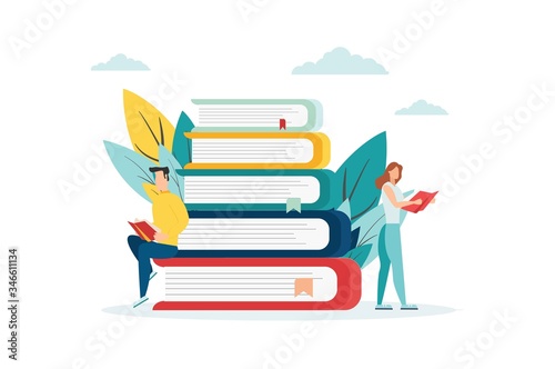 People with books, on books, flat style on a white background, vector