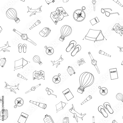 Hand drawn seamless pattern with outline travel items on white background. Can be used for fabric, wrapping paper, scrapbooking, as wallpaper, banner, background and other design.
