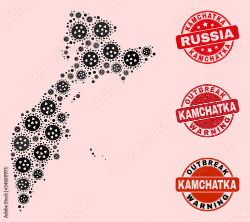 Outbreak collage of infection mosaic Kamchatka map and dirty seals. Vector red watermarks with corroded rubber texture and Outbreak Warning caption. Mosaic Kamchatka map designed with flu virus,