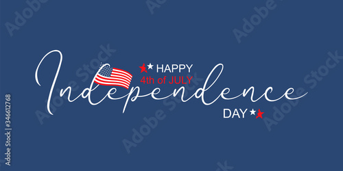 Happy Fourth july holiday in USA. American Independence Day greeting card, banner, poster with United States flag, stars and stripes. Patriotic calligraphy on blue background. Vector illustration