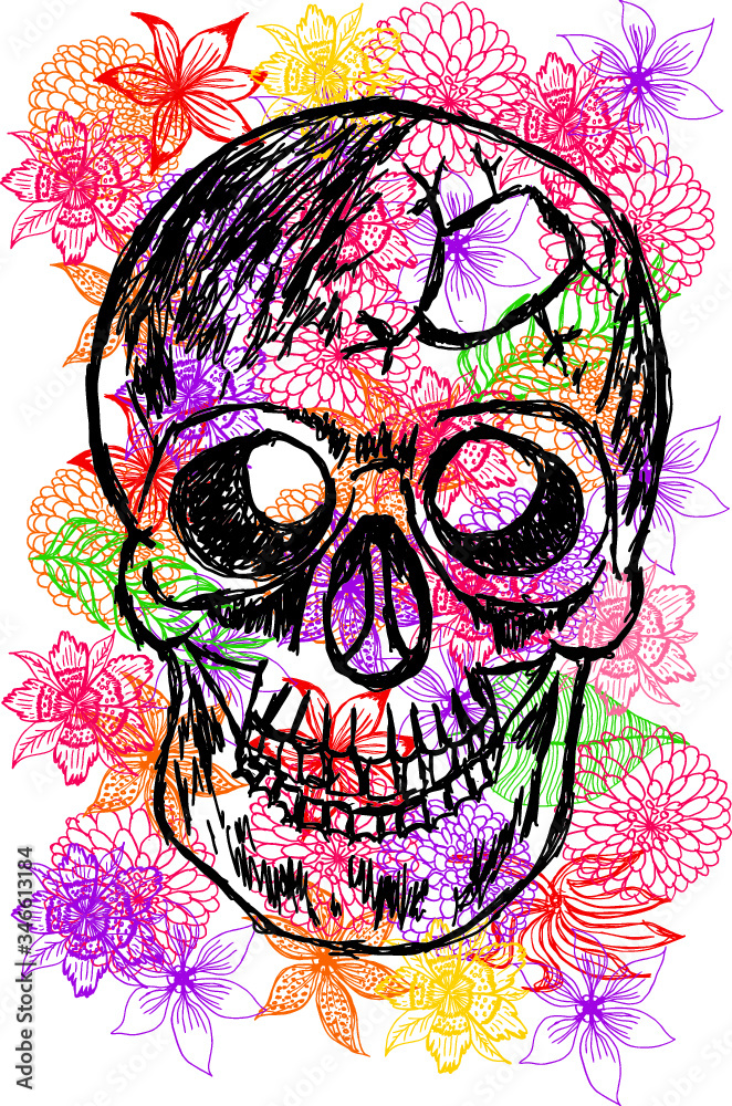 Fototapeta premium Skull and colorful flowers print and embroidery graphic design vector art