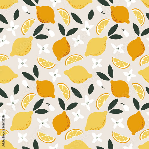Summer seamless pattern. Whole and cut juicy lemons, leaves and blossoms. Mediterranean textile, fabric or scrapbooking design with citrus fruit and flowers. Mediterranean illustration background.