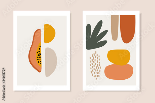 Set of summer artistic greeting cards, invitations. Cut papaya fruit, palm leaf and abstract geometric shapes. Modern minimalist vector drawing, web banners. Tropical posters, wall art, brochure cover