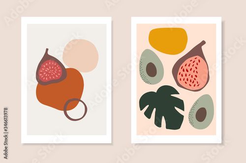 Set of summer artistic greeting cards, invitations. Cut figs, avocado fruit, monstera leaf and abstract geometric shapes. Modern minimalist vector drawing. Tropical posters, wall art, brochure covers.