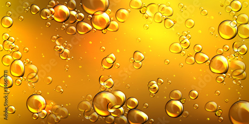 Yellow oil with air bubbles. Vector realistic underwater background of liquid argan, jojoba, castor or fish oil with glossy drops. Golden pattern of flowing bubbles in orange honey