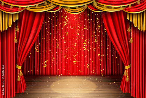 Empty red curtain stage with golden confetti falling on wooden floor with spotlight. Theater, opera scene with drape, concert or cinema grand opening realistic vector portiere for ceremony performance