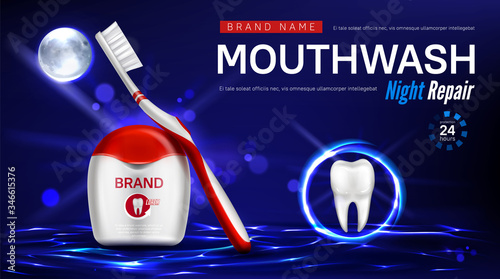 Dental floss, toothbrush and tooth in glowing sphere on water surface at night. Vector realistic brand poster with product for dental care, night repair mouthwash. Promo banner, advertising background