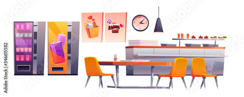 School cafe, college canteen, dining room stuff. Isolated counter desk with trays, meals and beverages, table with chairs, vending machines with snacks and drinks, banners, Cartoon vector illustration
