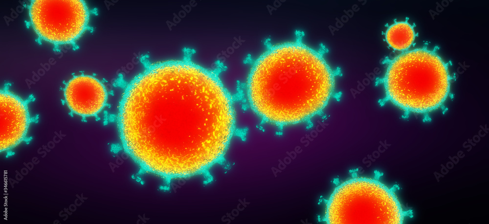 Many stained virus particles of the corona virus group - 3d illustration