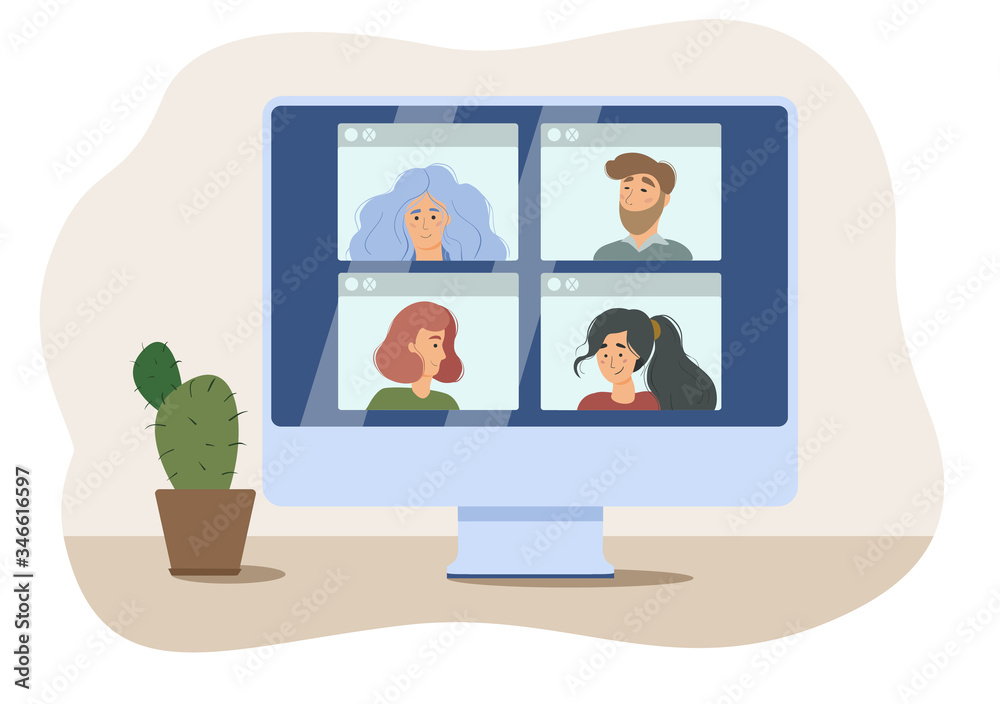 Stay and work from home. Video conference illustration. Workplace, laptop screen, group of people talking by internet. Stream, web chatting, online meeting friends. Coronavirus, quarantine isolation. Stay and work from home. Video conference illustration. Workplace, laptop screen, group of people talking by internet. Stream, web chatting, online meeting friends. Coronavirus, quarantine isolation.