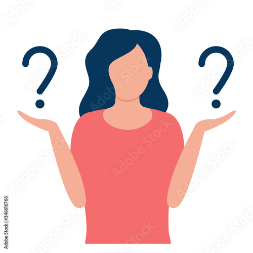 Young woman with question marks. Comparison, ratio, choice, contrast, hopeless. Woman thinks or solves problem. Pensive girl asks questions. Thinking, troubled, worried, confused woman. Vector