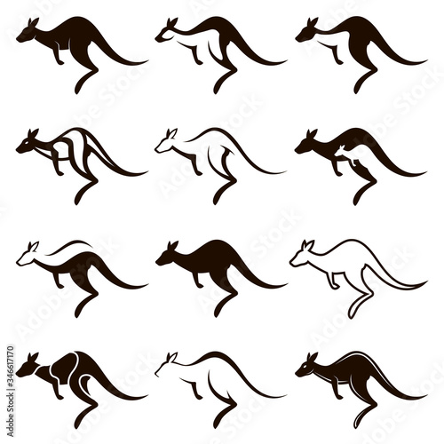 collection of black jumping kangaroo icon isolated on white background
