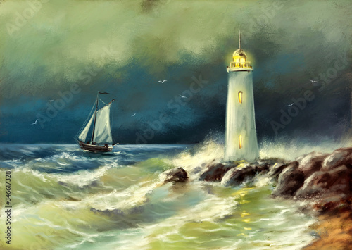 Oil paintings sea landscape, lighthouse on the coast of the sea. Fine art.