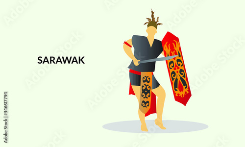 Vector illustration of a Sarawak Man in his Traditional  costume. Iban kadazan ethnic photo