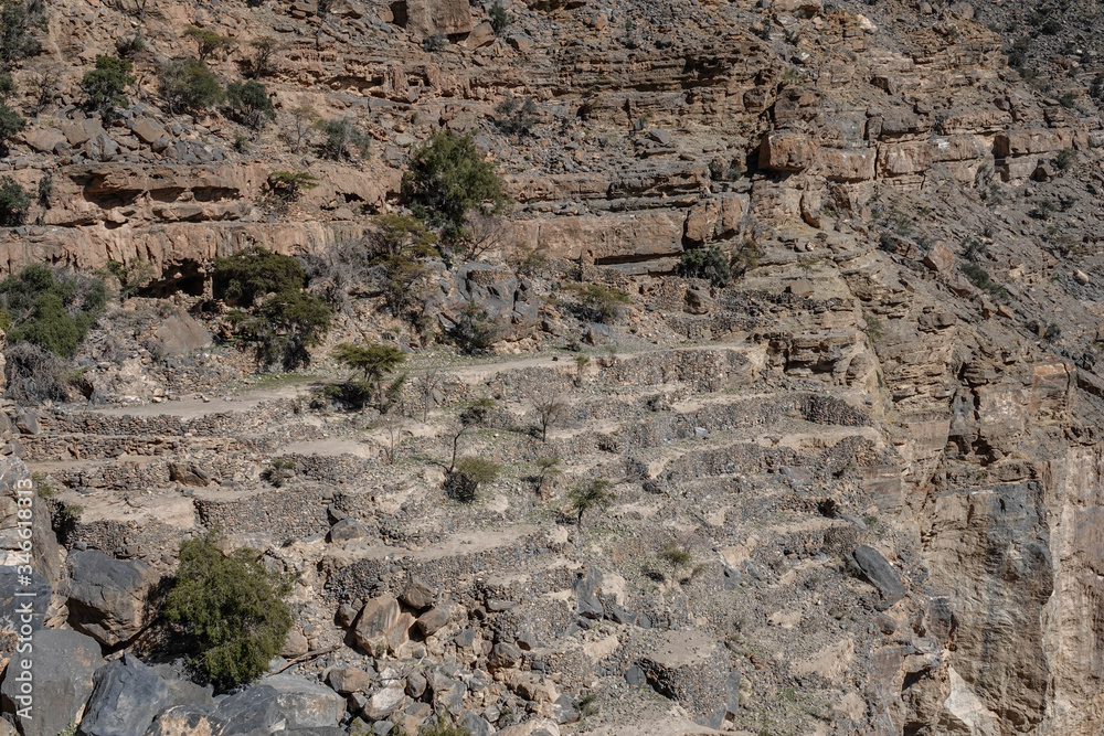 Ancient Abandoned Terraced Fields in Wadi Ghul aka Grand Canyon of Oman in Jebel Shams Mountains Ancient Abandoned Terraced Fields in Wadi Ghul aka Grand Canyon of Oman in Jebel Shams Mountains