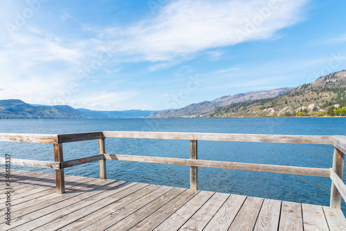 Scenic view of Okanagan Lake from waterfront pier in the village of Naramata