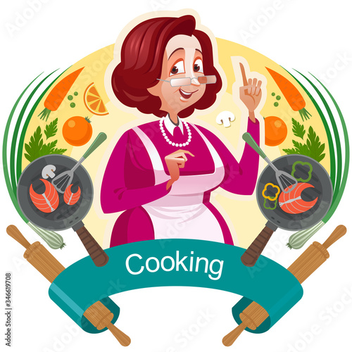 Mother teaches to cook. The symbolic image of the kitchen. Kitchenware.
