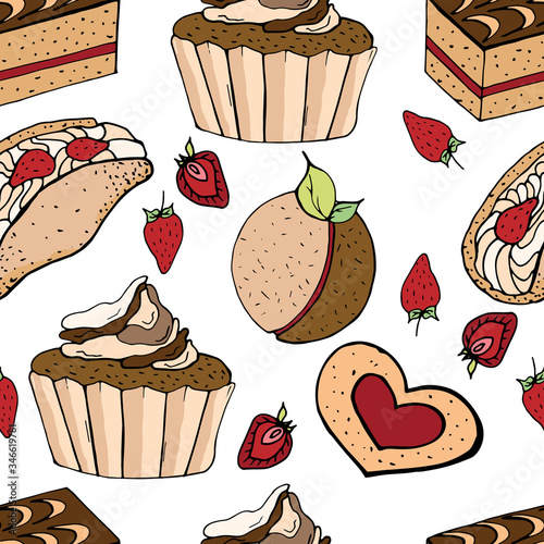 Seamless pattern with brown sweet desserts and Strawberry.  Endless texture for your design.Vector illustration.	