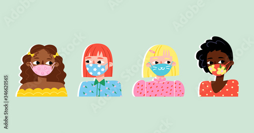 Set of stylish girls wearing face masks preventing the coronavirus pandemic. Fashionable protection from virus, flu outbreak or air pollution. Women avatars. Cute cartoon illustration in flat style.