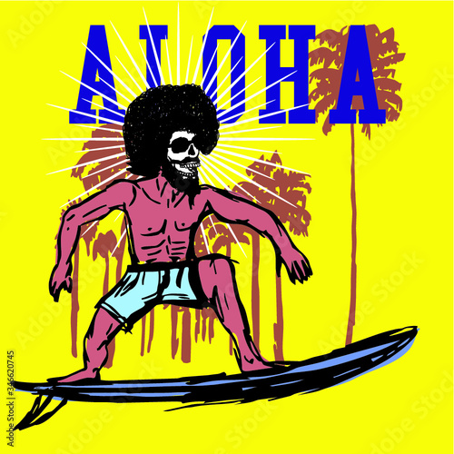 Aloha surfer palm tree print and embroidery graphic design vector art