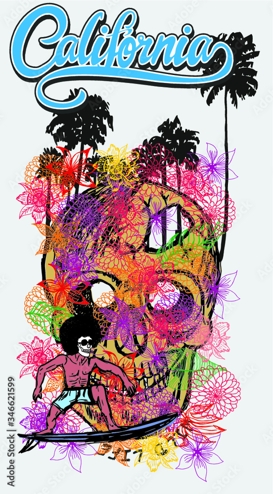Obraz premium Skull and colorful flowers print and embroidery graphic design vector art